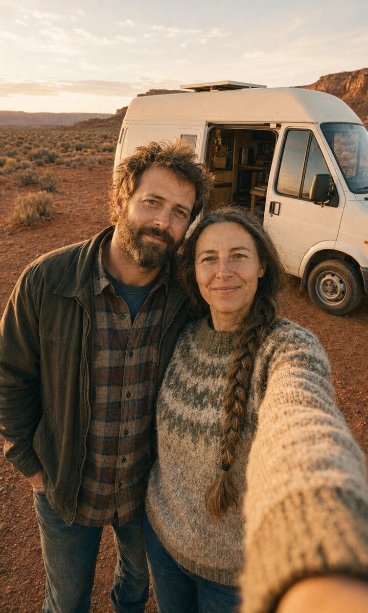 Cole and June Barrett at the side door of their van