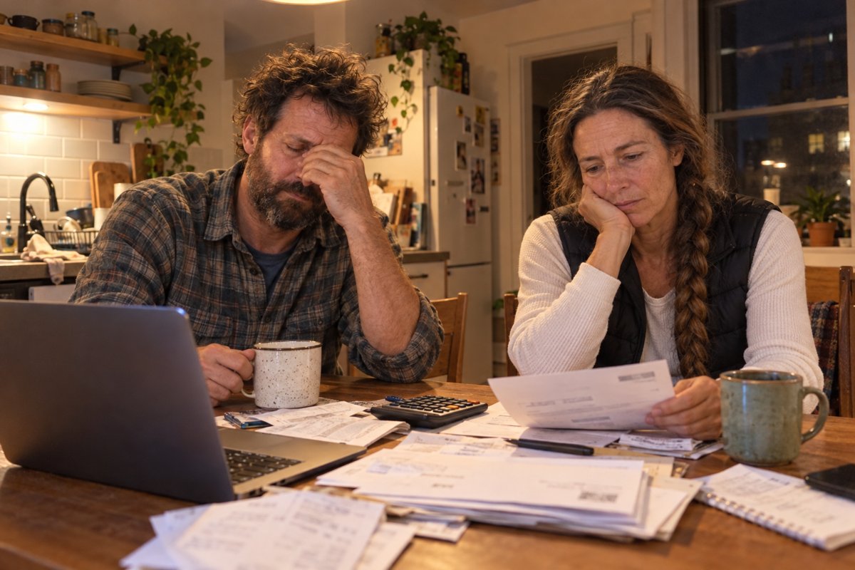 Cole and June worried over bills at their kitchen table