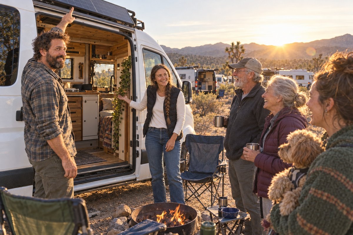 Cole and June showing other campers their van
