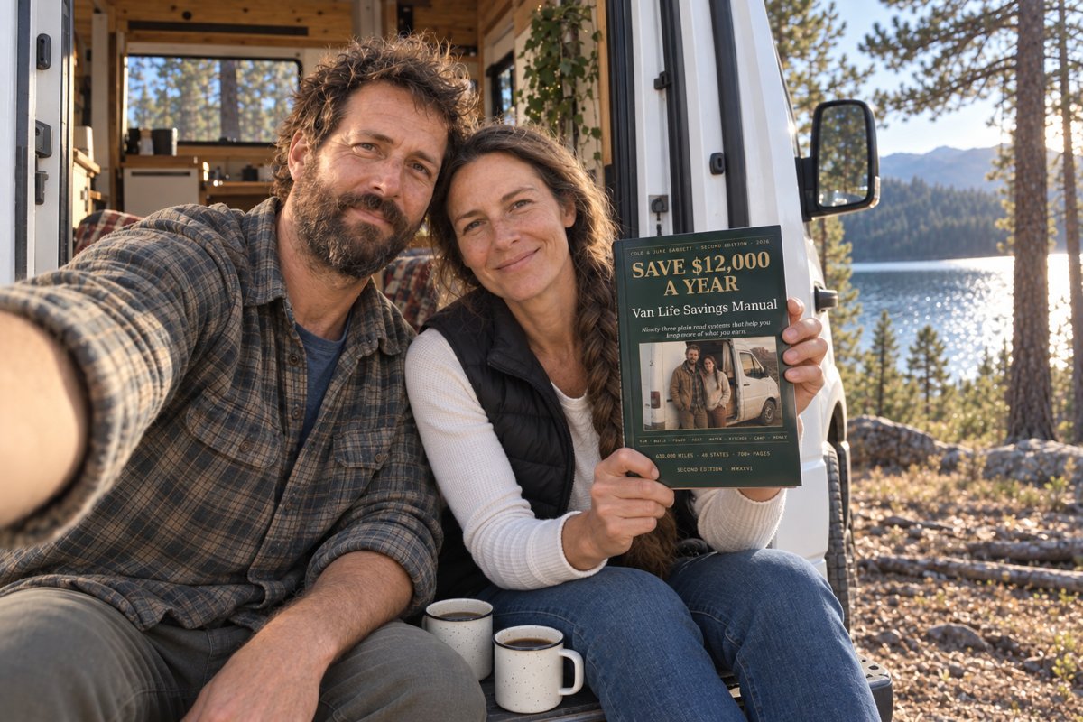 Cole and June holding the Van Life Savings Manual